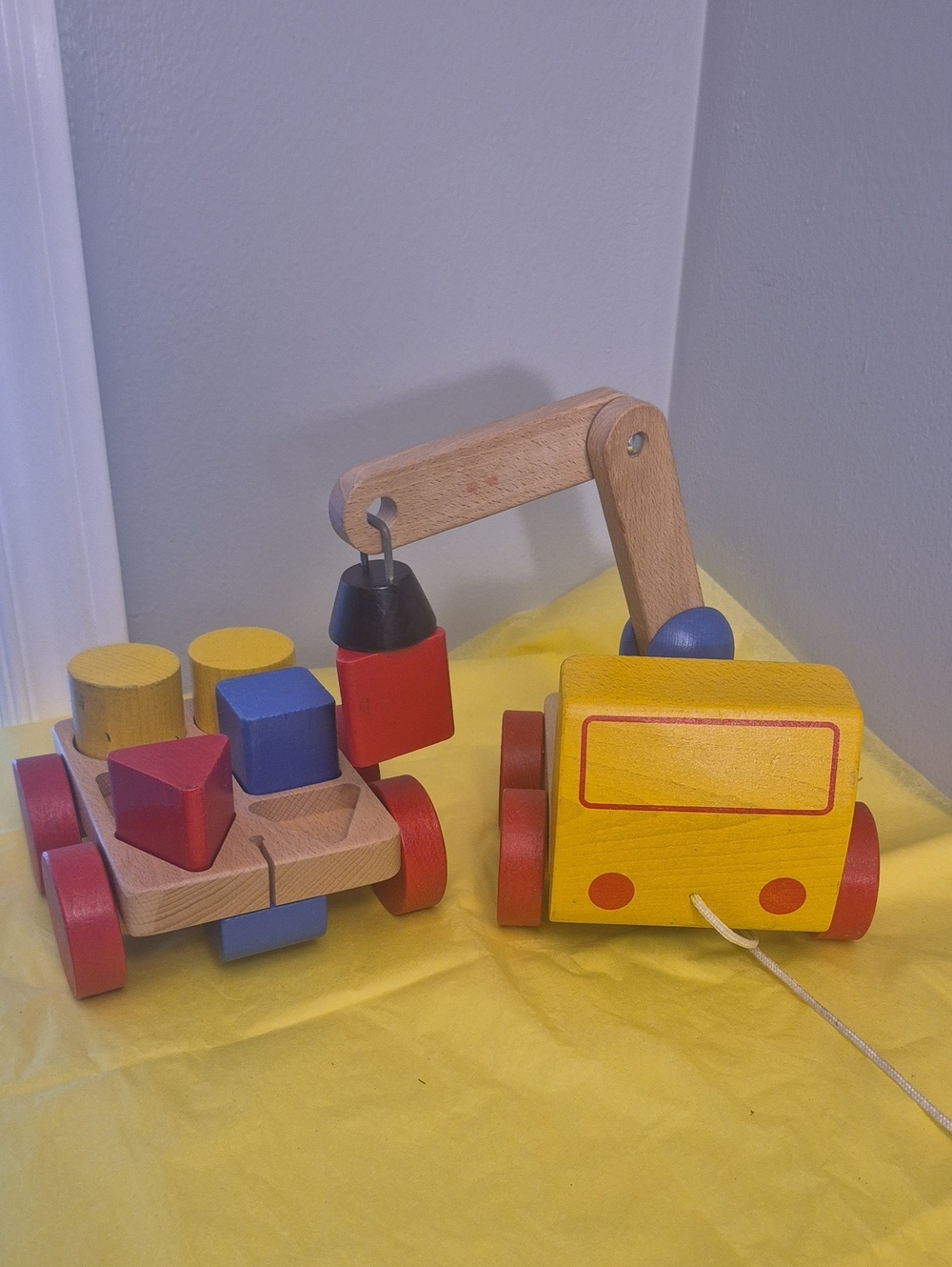 Wooden Yellow and Red Crane Pull-Along Toy - Classic Kids Toy